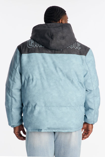 Oversized Hooded Unstoppable Faux Leather Embroidered Puffer Jacket - Blue