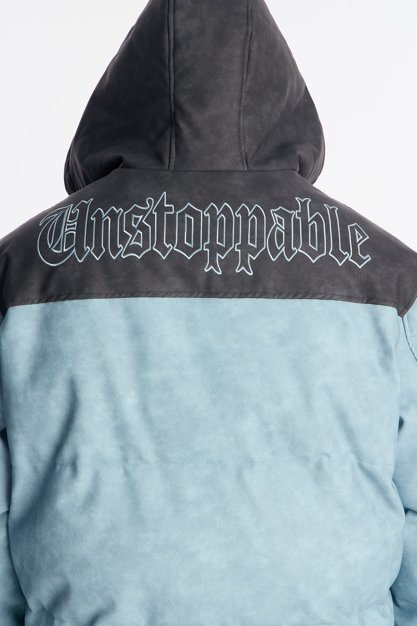 Oversized Hooded Unstoppable Faux Leather Embroidered Puffer Jacket - Blue