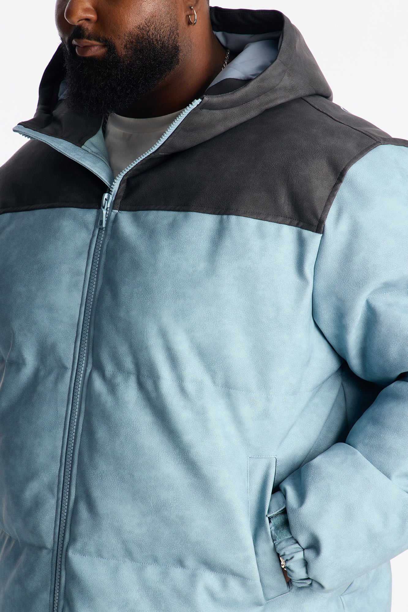Oversized Hooded Unstoppable Faux Leather Embroidered Puffer Jacket - Blue