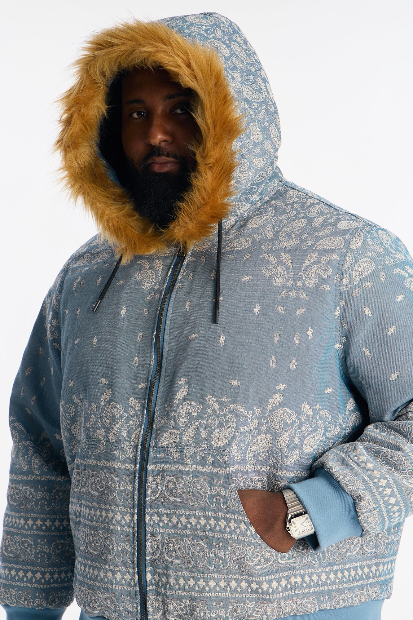Hooded Padded Paisley Jacquard Parka - Blue