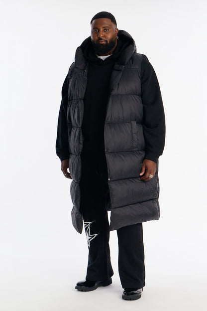 Hooded Exaggerated Cocoon Long Puffer Vest - Black