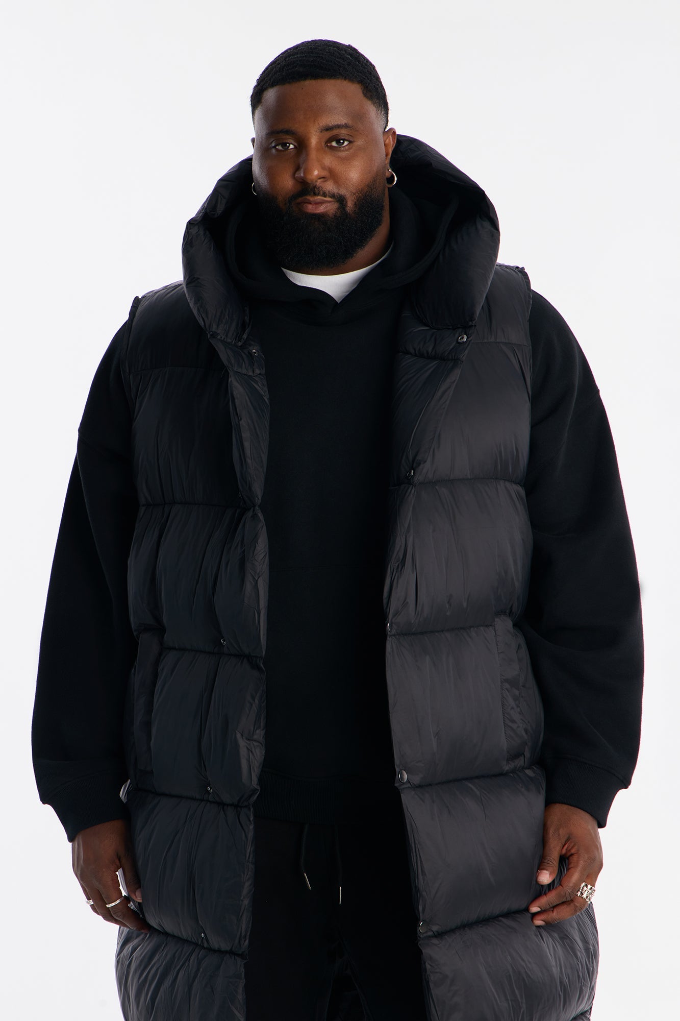 Hooded Exaggerated Cocoon Long Puffer Vest - Black