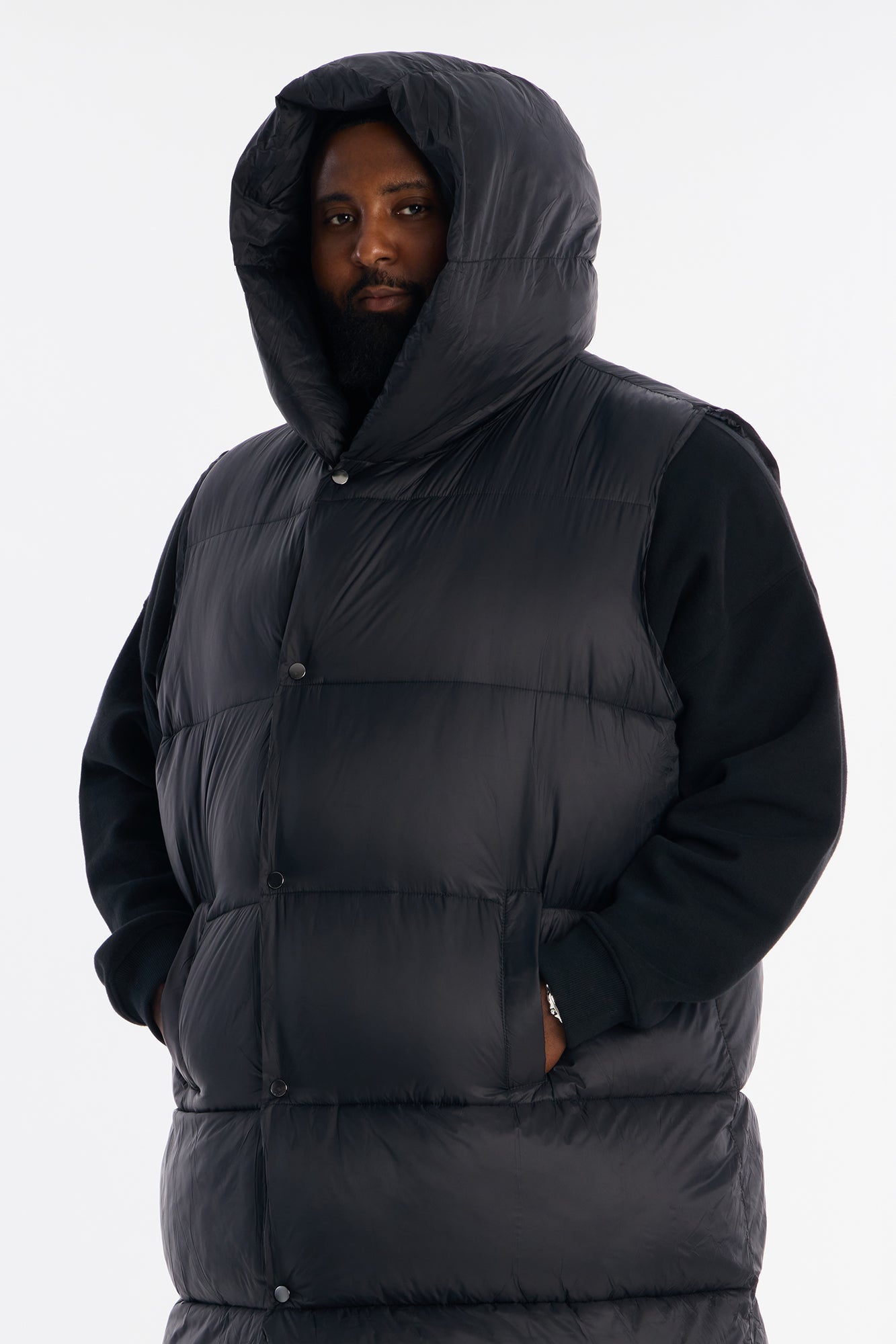 Hooded Exaggerated Cocoon Long Puffer Vest - Black