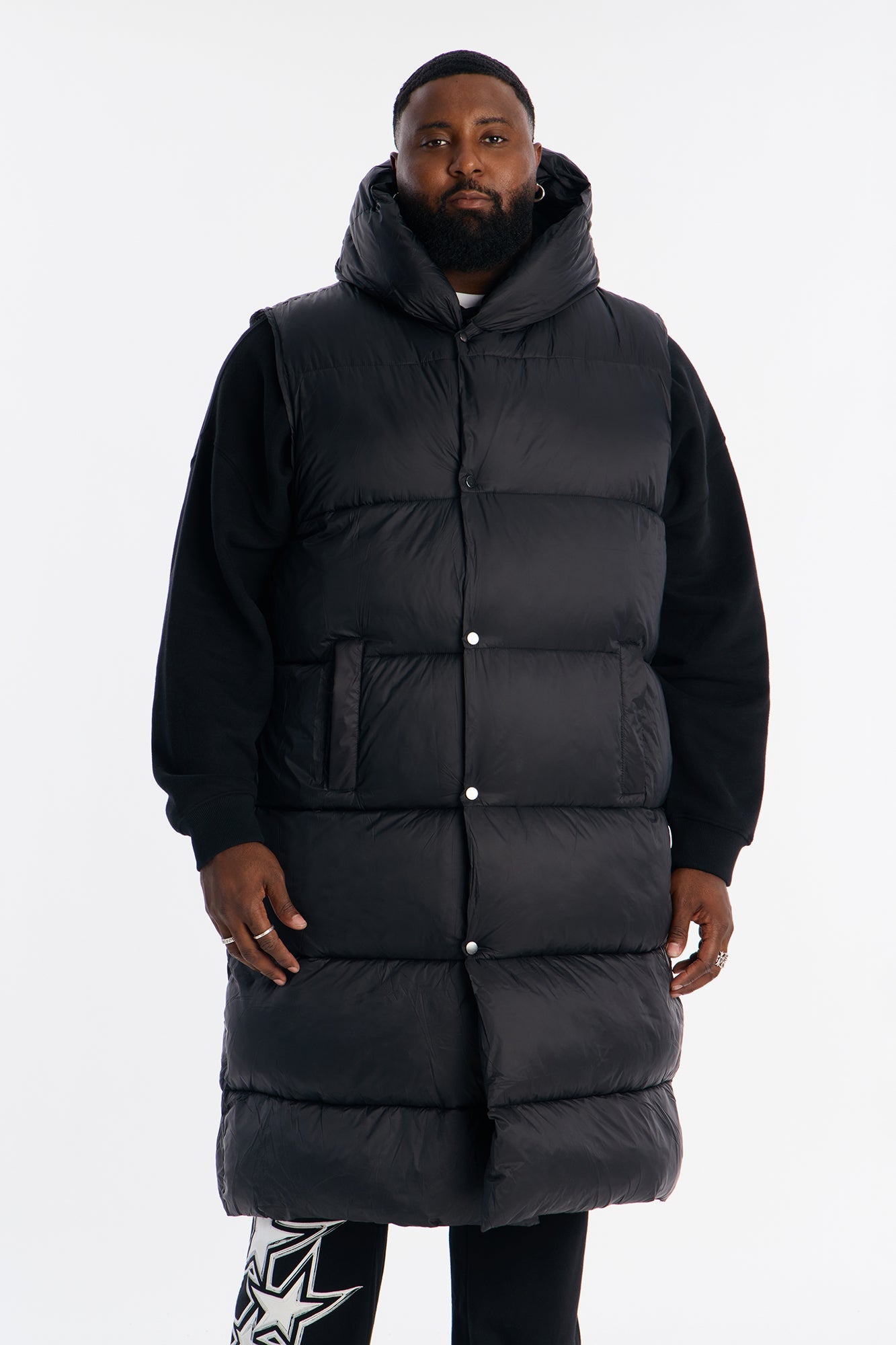 Hooded Exaggerated Cocoon Long Puffer Vest - Black