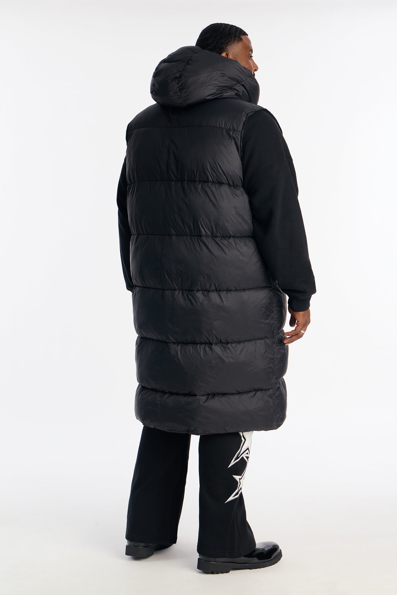 Hooded Exaggerated Cocoon Long Puffer Vest - Black