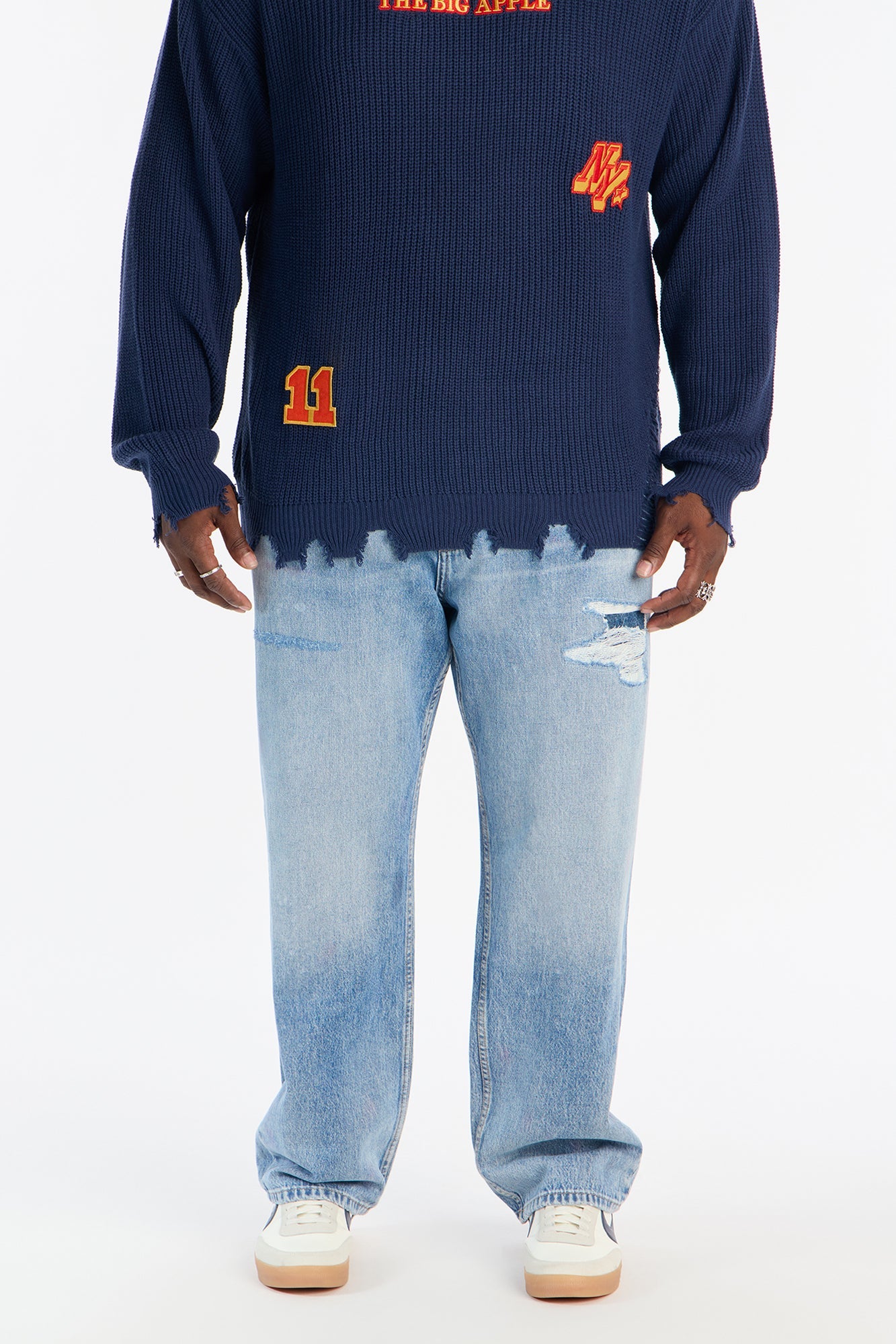 Straight Subtle Distressed Denim Jean - Medium Blue Wash
