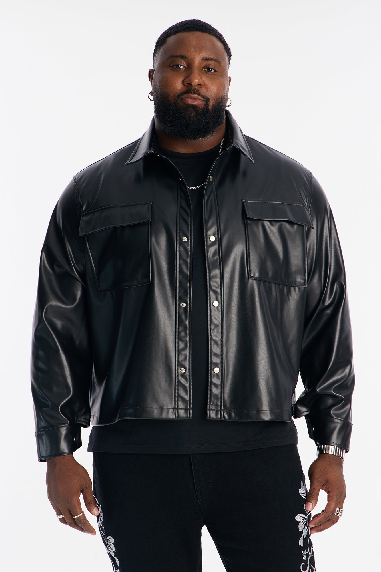 Cropped On Command Faux Leather Button Up Shirt - Black