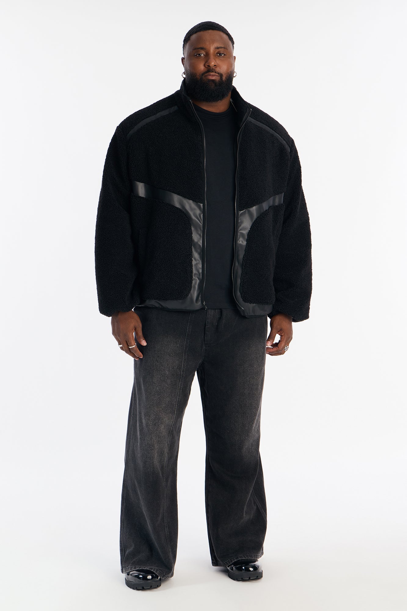 Oversized Sherpa Faux Leather Paneled Jacket - Black