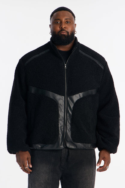 Oversized Sherpa Faux Leather Paneled Jacket - Black