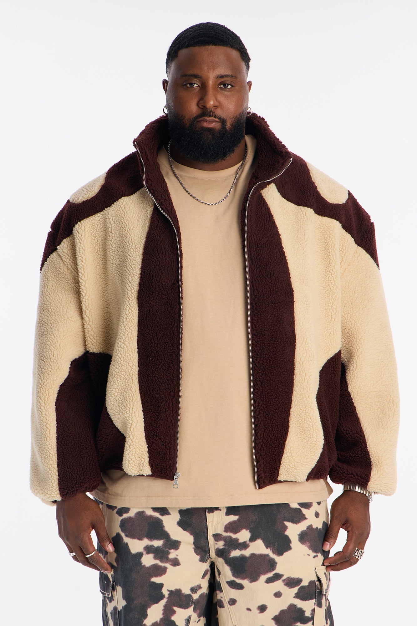 Oversized Sherpa Wave Paneled Zip Jacket - Brown