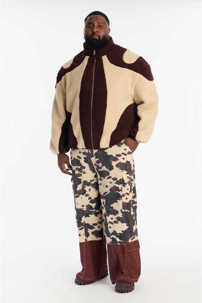 Oversized Sherpa Wave Paneled Zip Jacket - Brown