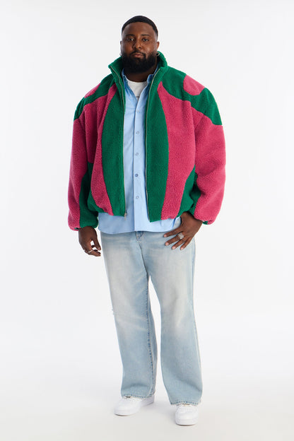 Oversized Sherpa Wave Paneled Zip Jacket - Green