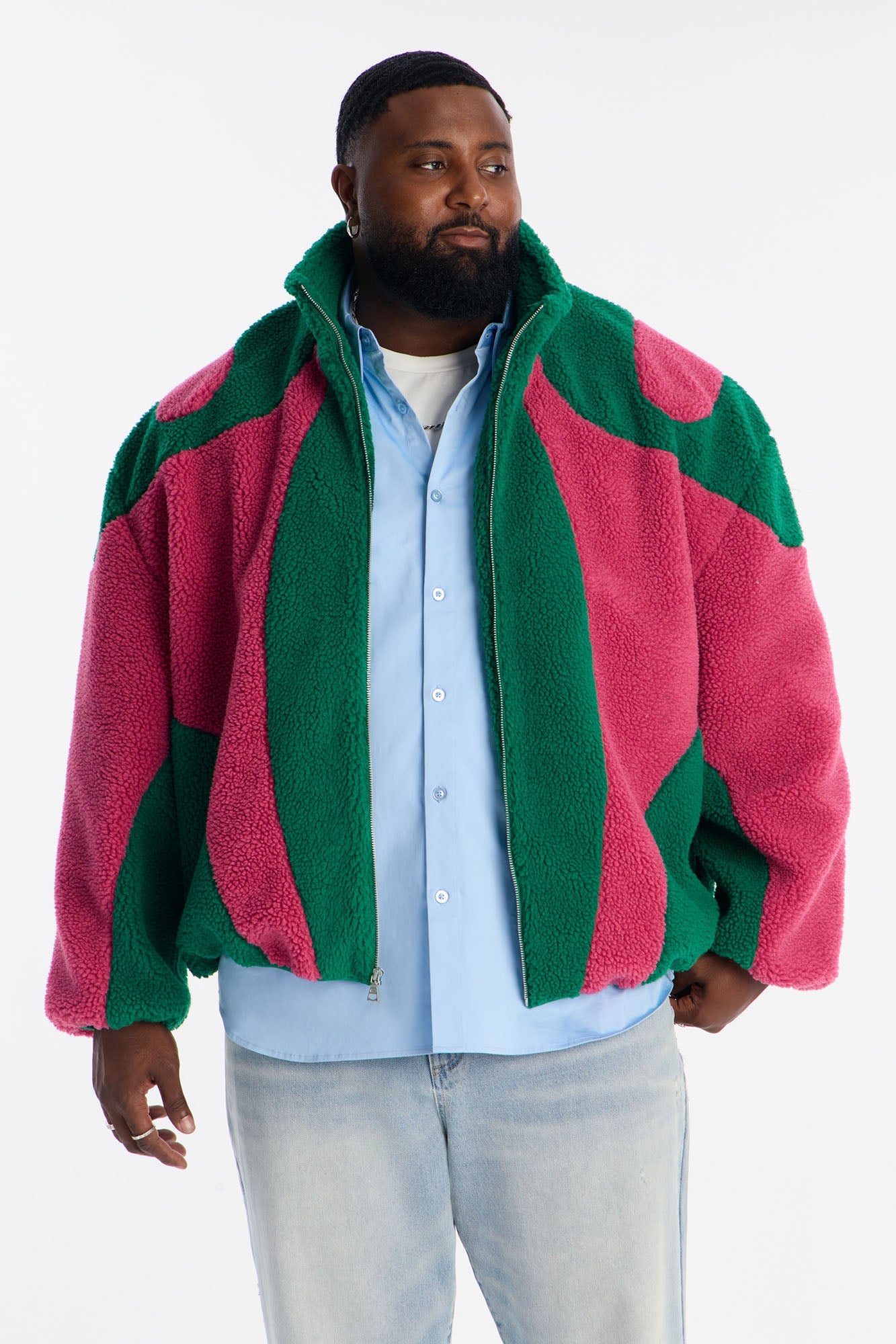 Oversized Sherpa Wave Paneled Zip Jacket - Green