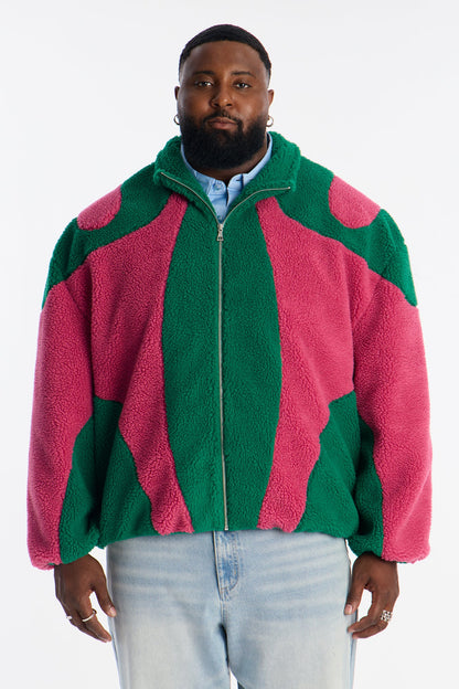 Oversized Sherpa Wave Paneled Zip Jacket - Green