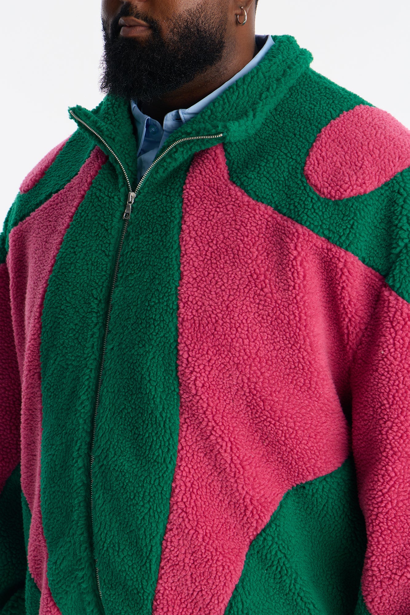 Oversized Sherpa Wave Paneled Zip Jacket - Green