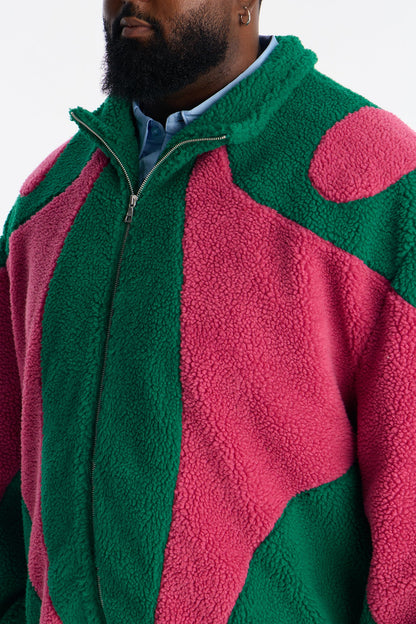 Oversized Sherpa Wave Paneled Zip Jacket - Green