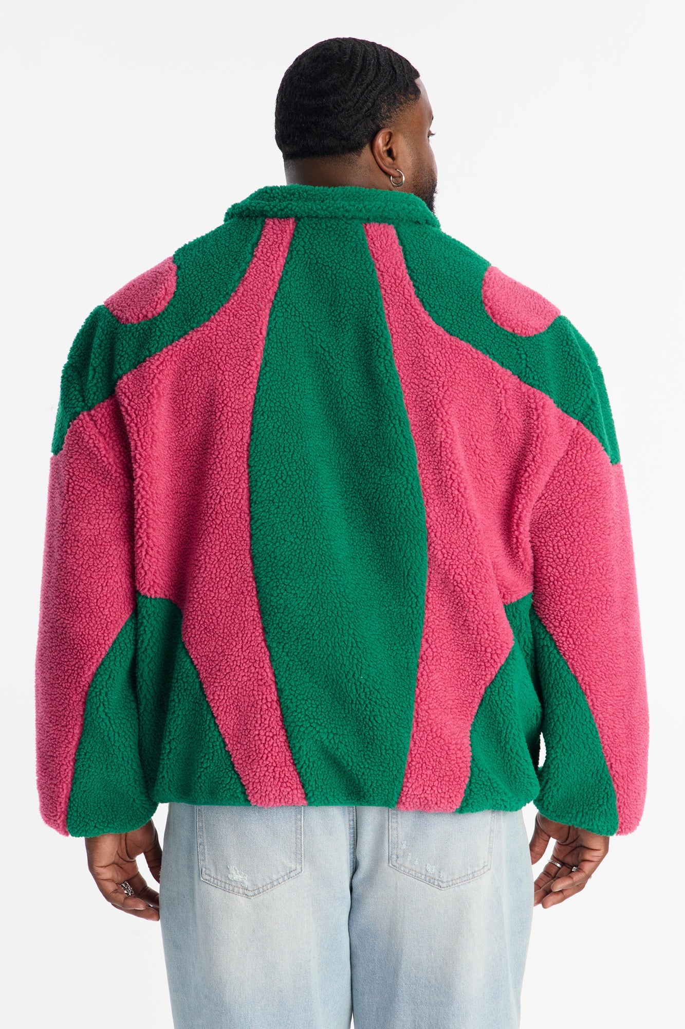 Oversized Sherpa Wave Paneled Zip Jacket - Green