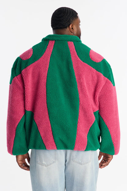 Oversized Sherpa Wave Paneled Zip Jacket - Green