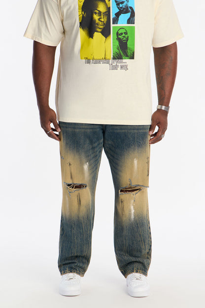 Straight Runoff Distressed Jean - Dark Wash