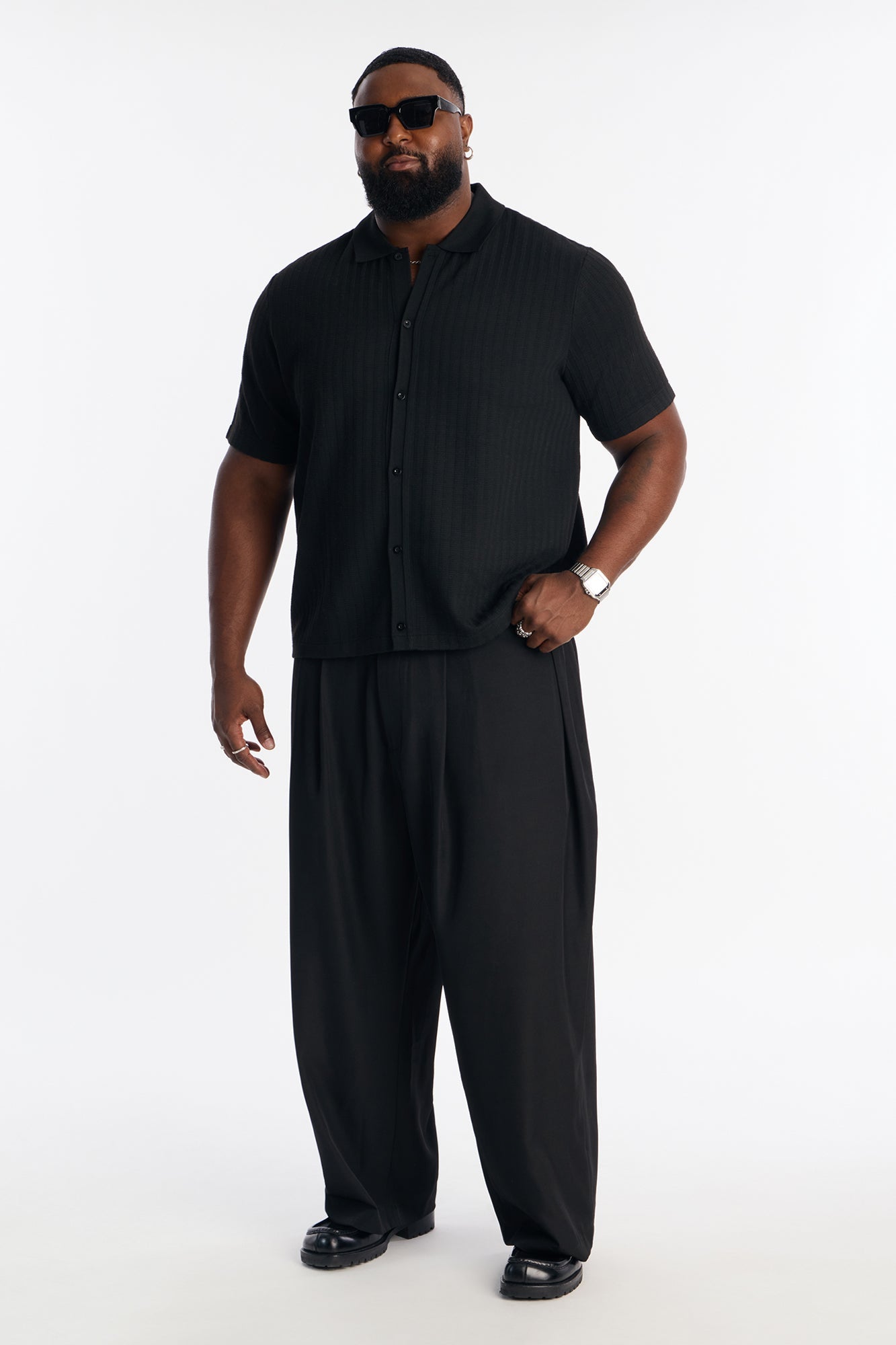 Shadow Button Striped Button Up - Black