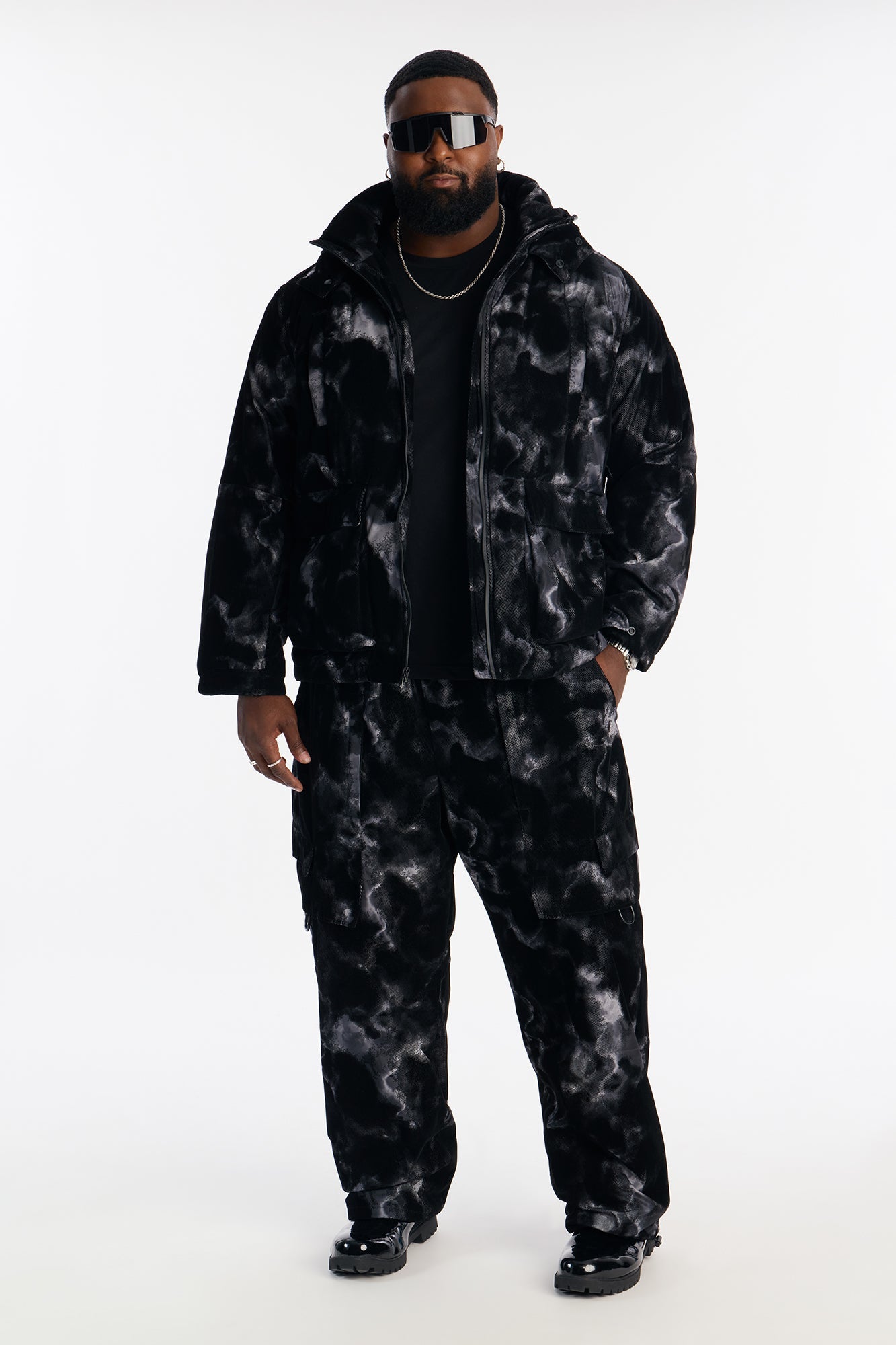 Padded Flocked Marble Ski Jacket - Black