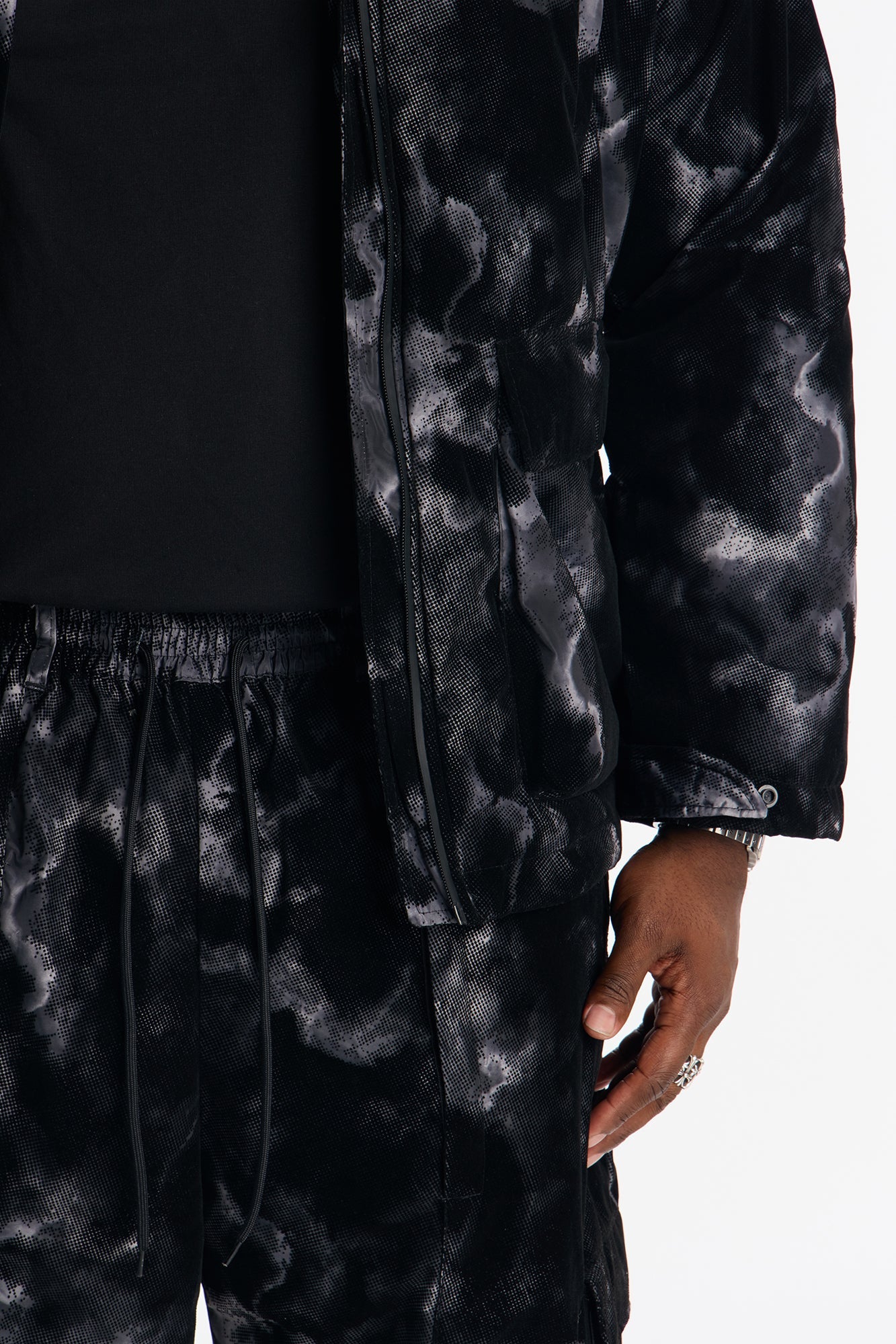 Baggy Flocked Marble Cargo Pant - Black
