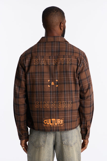 Cropped Culture Plaid Button Up Shirt - Brown