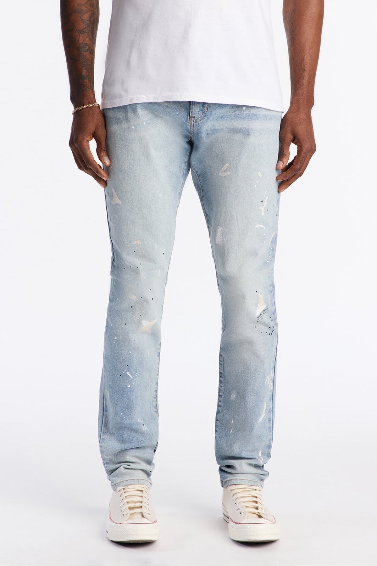 Stacked Skinny Off Hours Paint Splatter Jean - Light Blue Wash