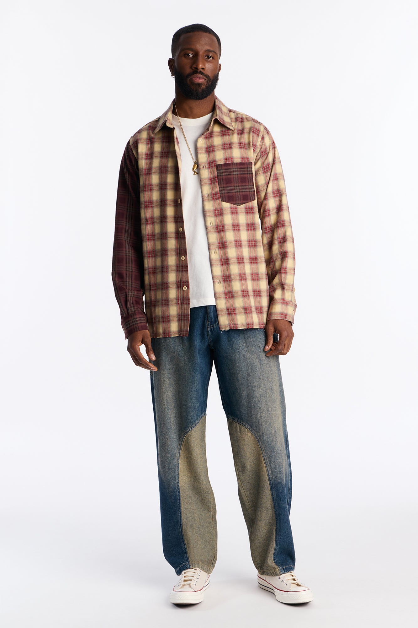 Color Block Casual Flannel - Burgundy/combo