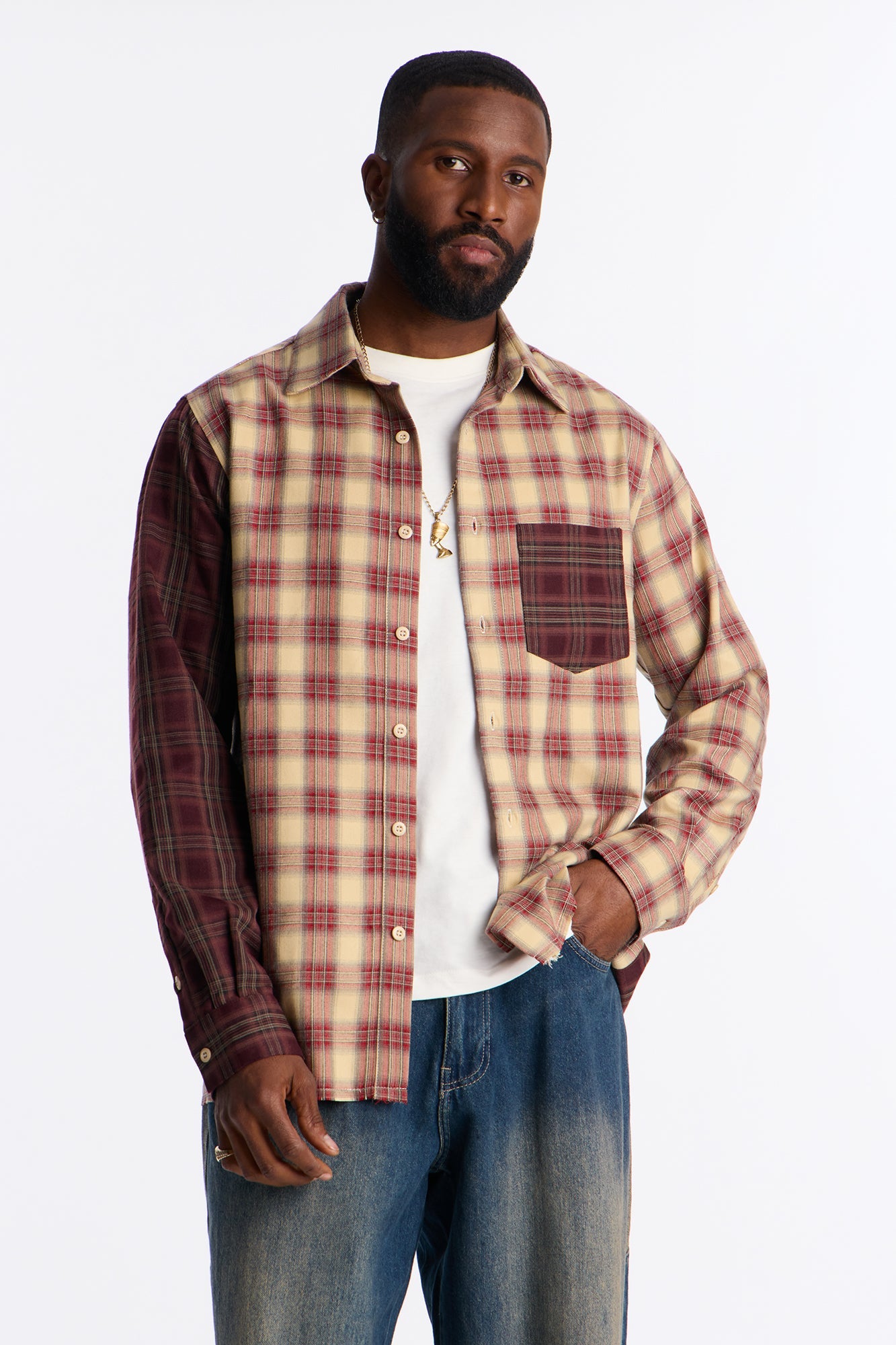 Color Block Casual Flannel - Burgundy/combo