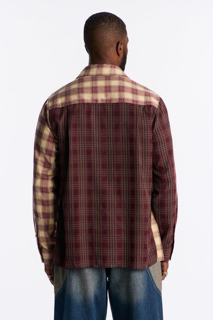 Color Block Casual Flannel - Burgundy/combo