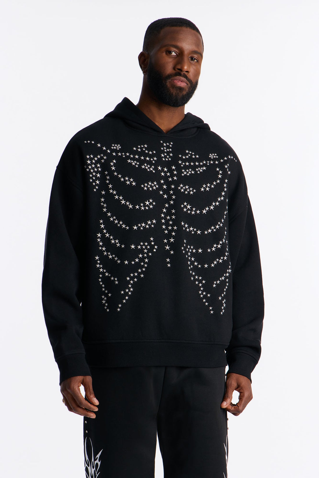 Skeleton Stars Embroidered Oversized Hoodie - Black