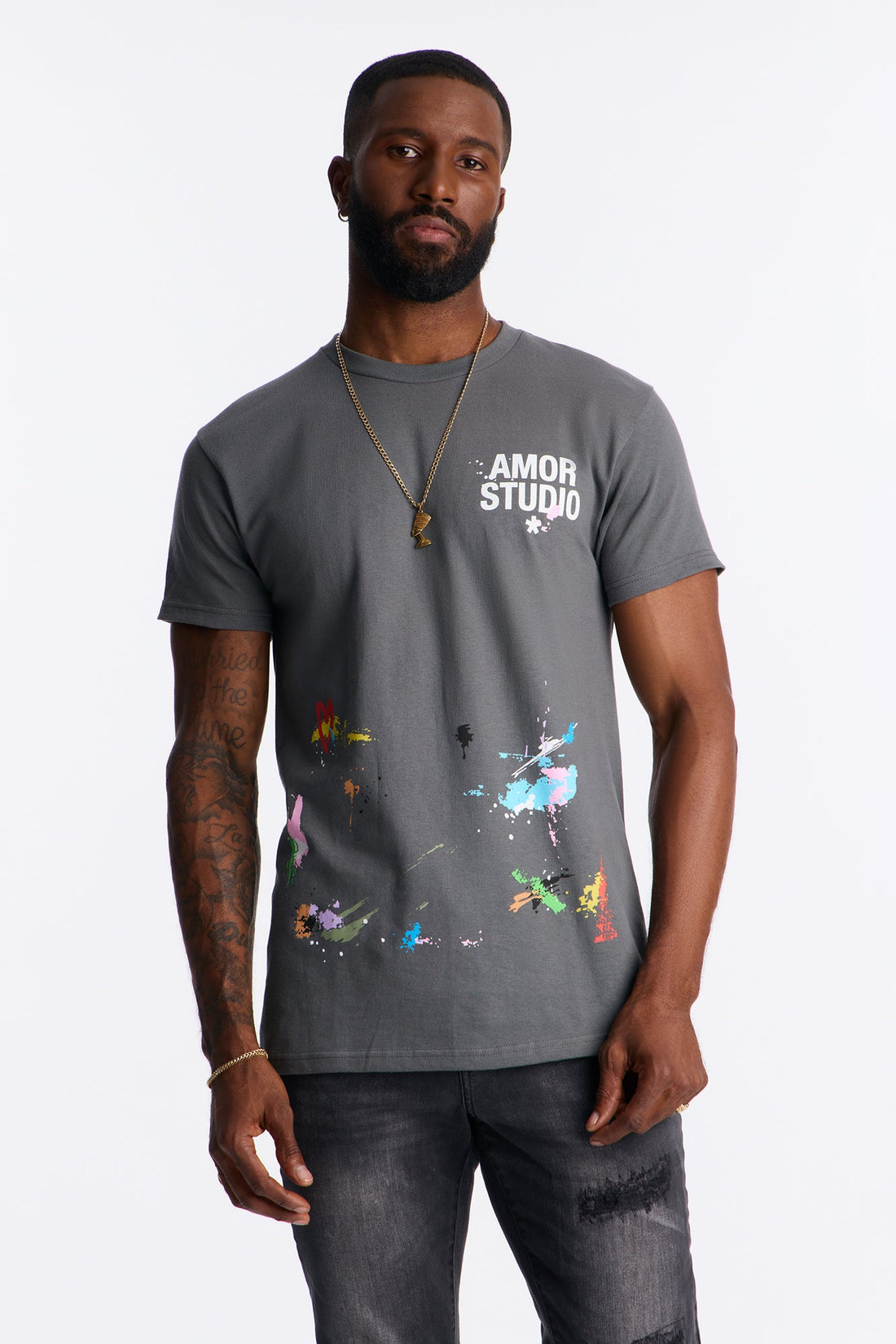 Amor Studio Paint Splatter Short Sleeve Tee - Charcoal