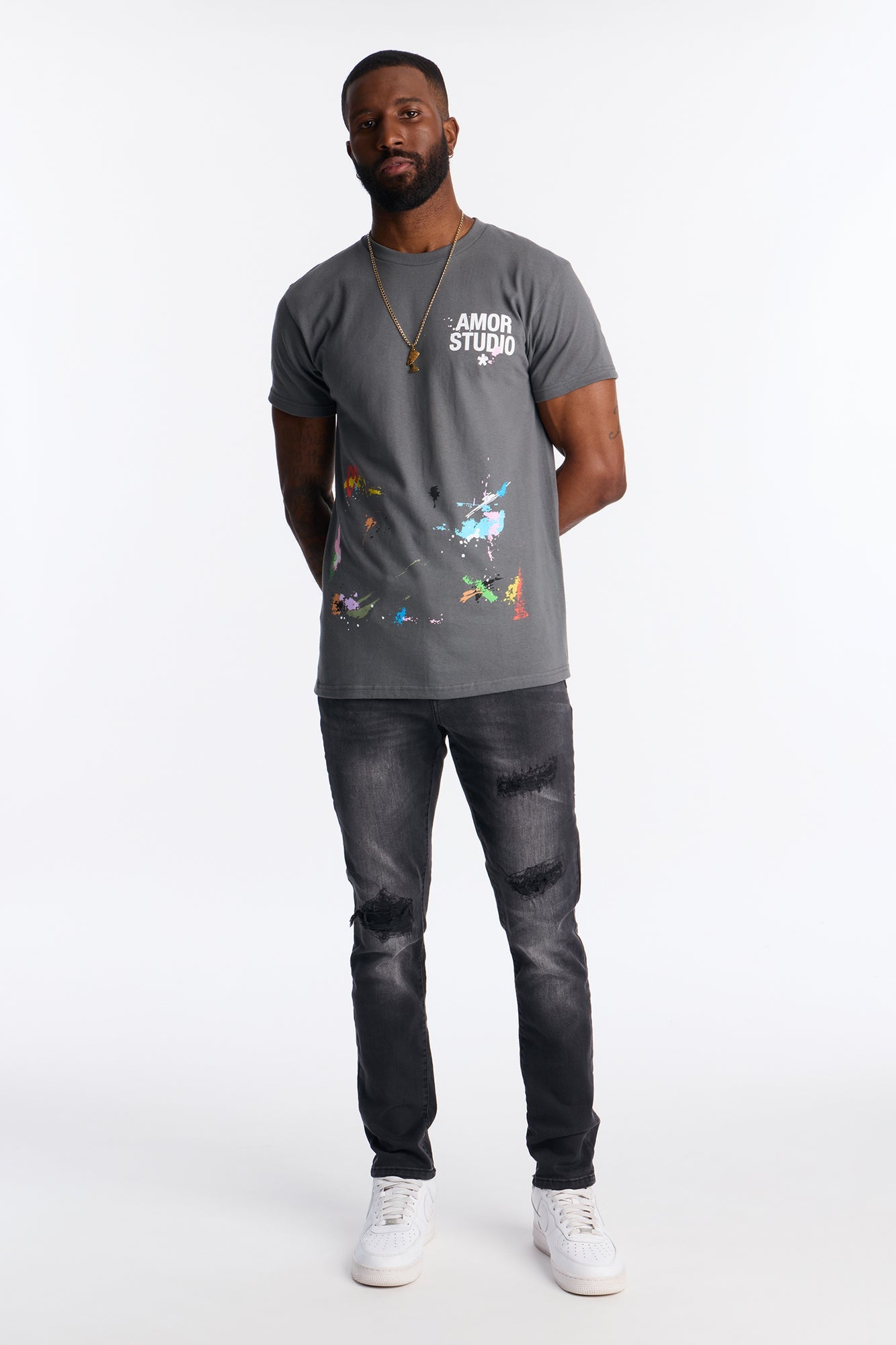 Amor Studio Paint Splatter Short Sleeve Tee - Charcoal