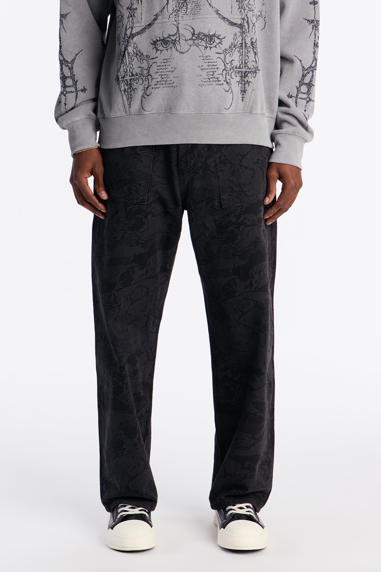 Baggy Floral Print Jean - Black Wash