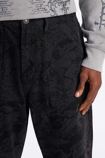 Baggy Floral Print Jean - Black Wash