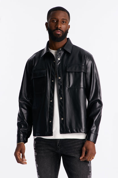 Cropped On Command Faux Leather Button Up Shirt - Black