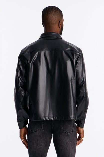 Cropped On Command Faux Leather Button Up Shirt - Black