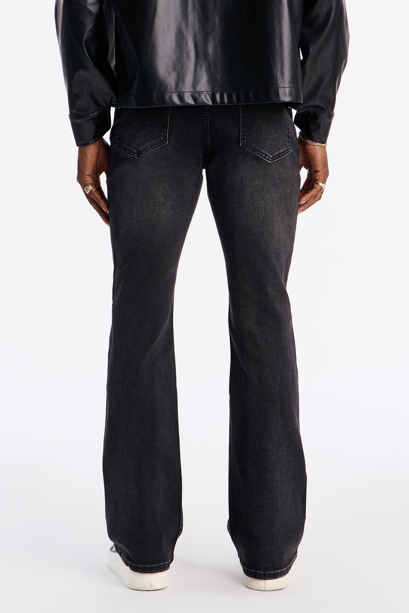 Stacked Skinny Flare Crosses Lined Down Jeweled Jean - Black Wash