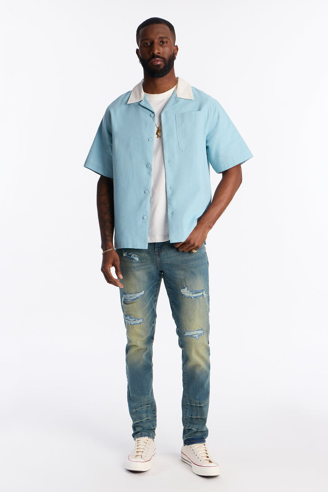 Panel Trim Button Up Shirt - Blue