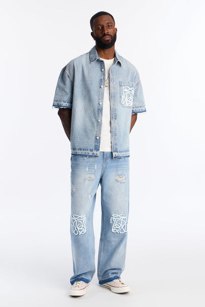 Relaxed Cropped Coastal Applique Denim Shirt - Light Blue Wash