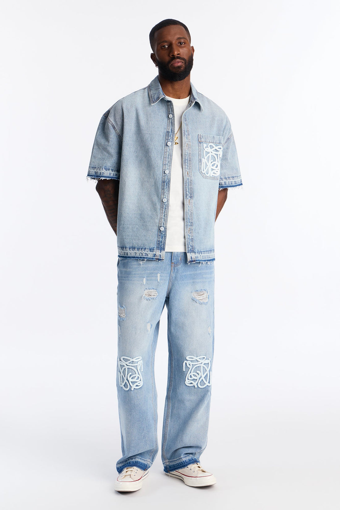 Relaxed Cropped Coastal Applique Denim Shirt - Light Blue Wash
