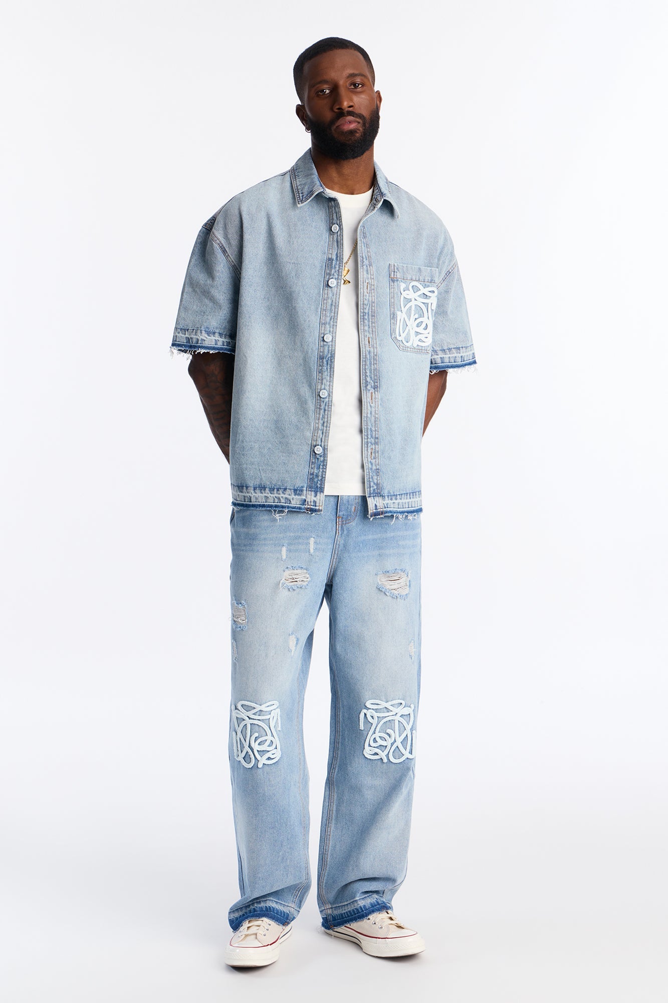 Relaxed Cropped Coastal Applique Denim Shirt - Light Blue Wash