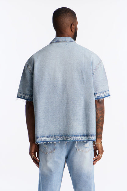 Relaxed Cropped Coastal Applique Denim Shirt - Light Blue Wash
