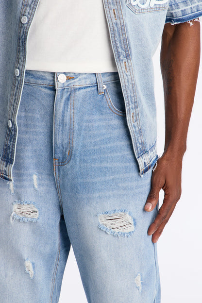 Baggy Coastal Applique Jean - Light Blue Wash