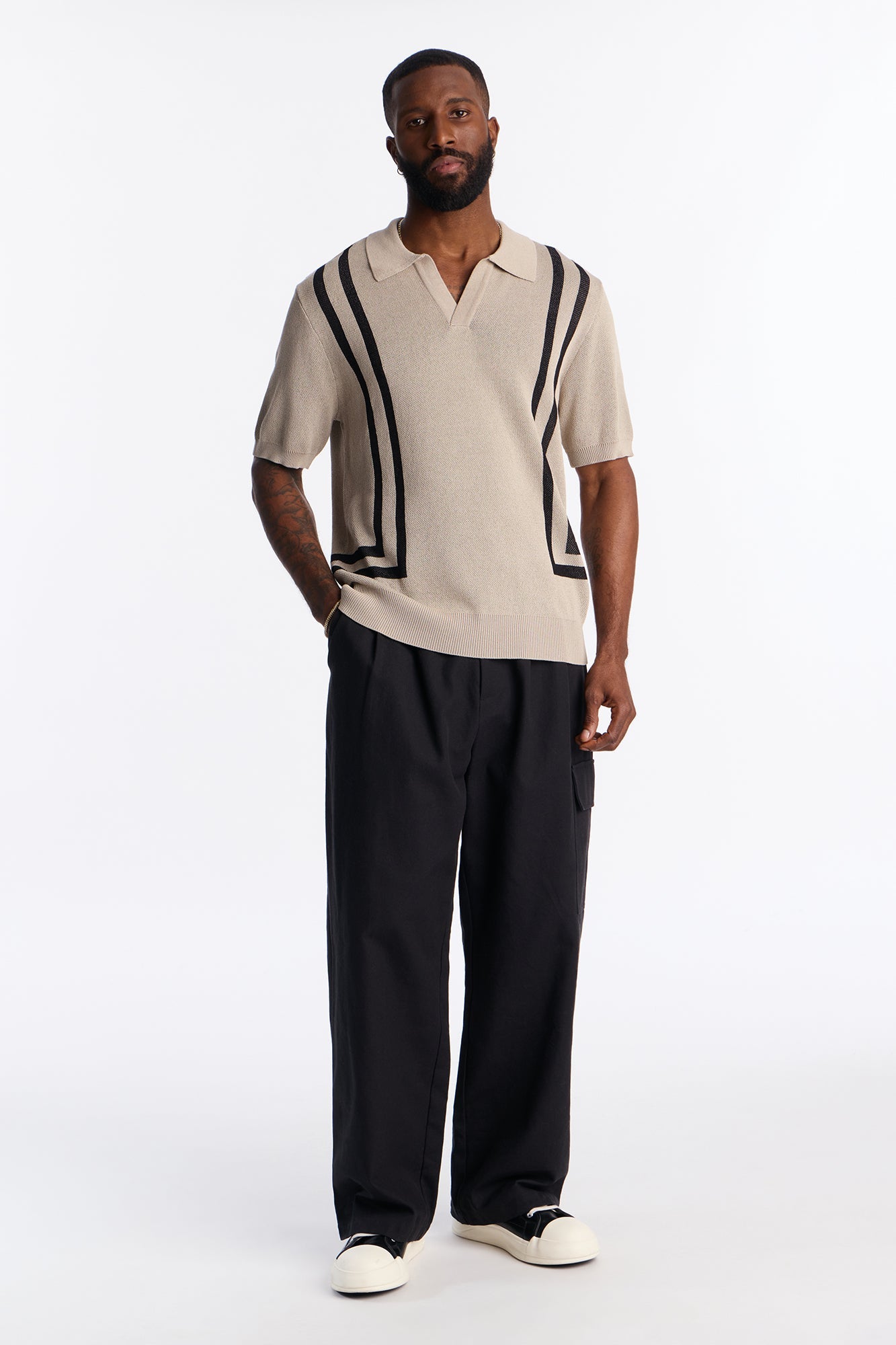 Seeing Lines Knit Johnny Collar Shirt - Tan