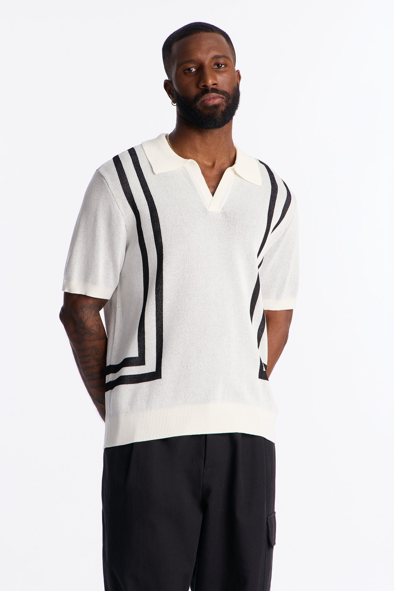 Seeing Lines Knit Johnny Collar Shirt - White