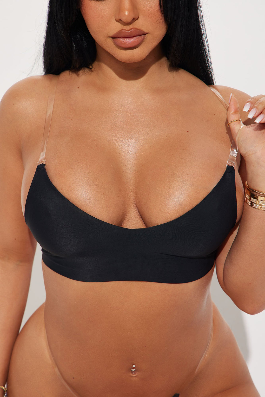No Show Microfiber Clear Strap Bralette - Black