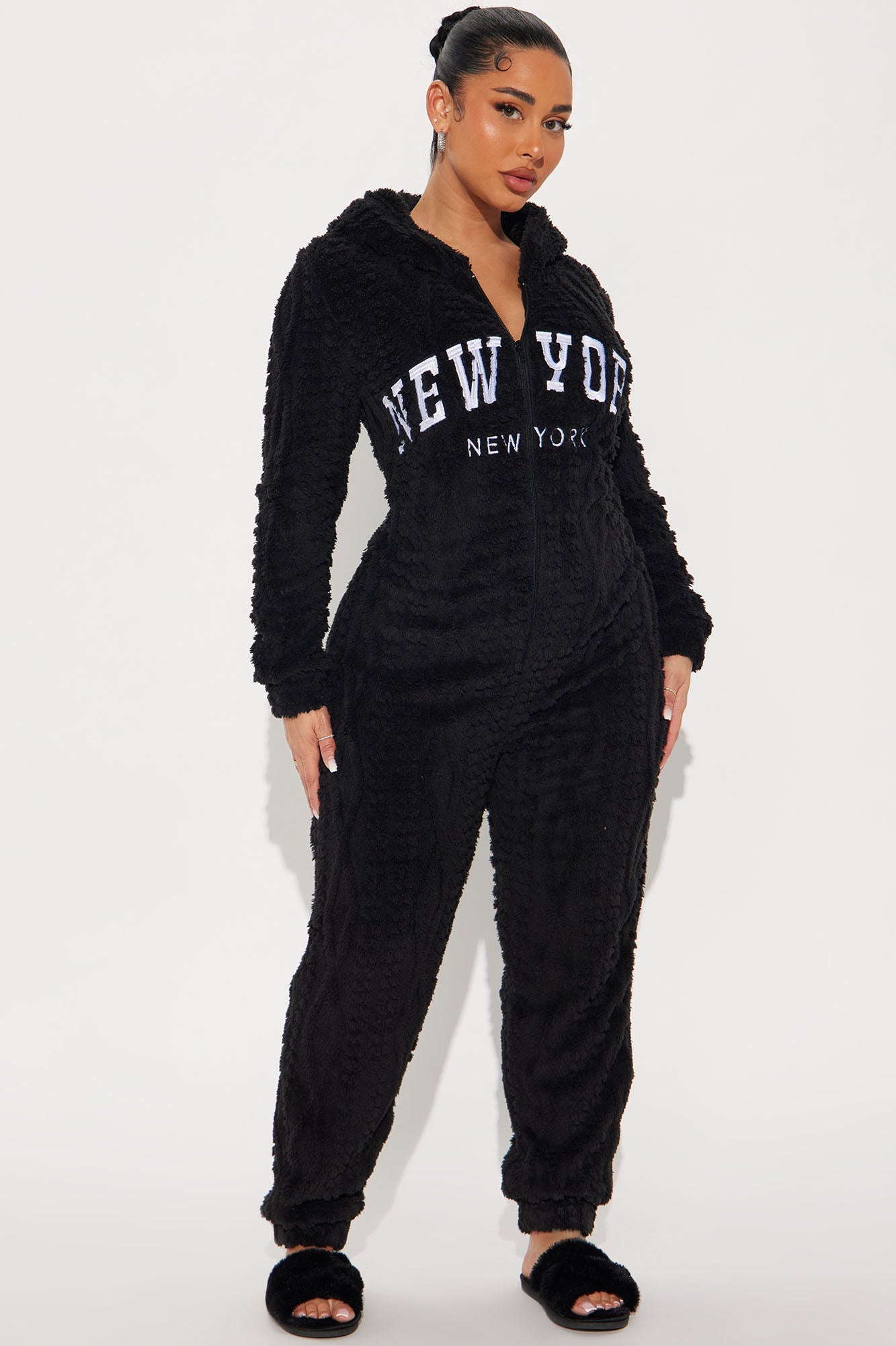 New York Plush Hooded PJ Jumpsuit Onesie - Black