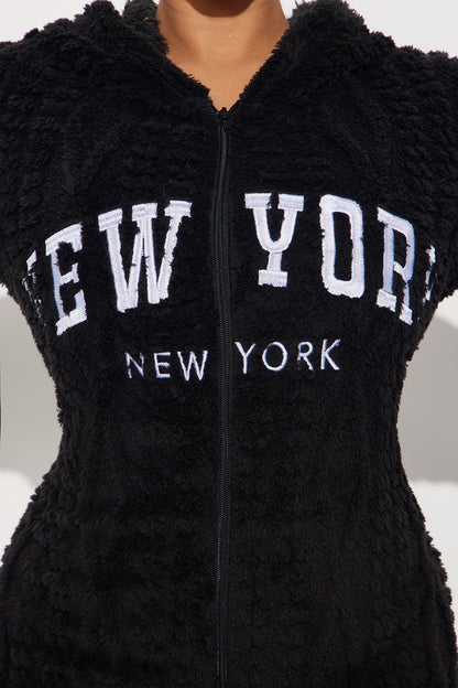 New York Plush Hooded PJ Jumpsuit Onesie - Black